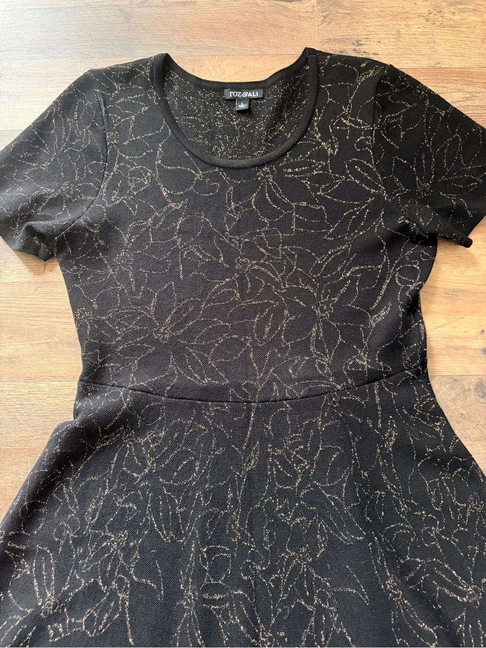 ROZ+ALI Black Short-Sleeve Fit & Flare Dress with Gold Leaf Detail